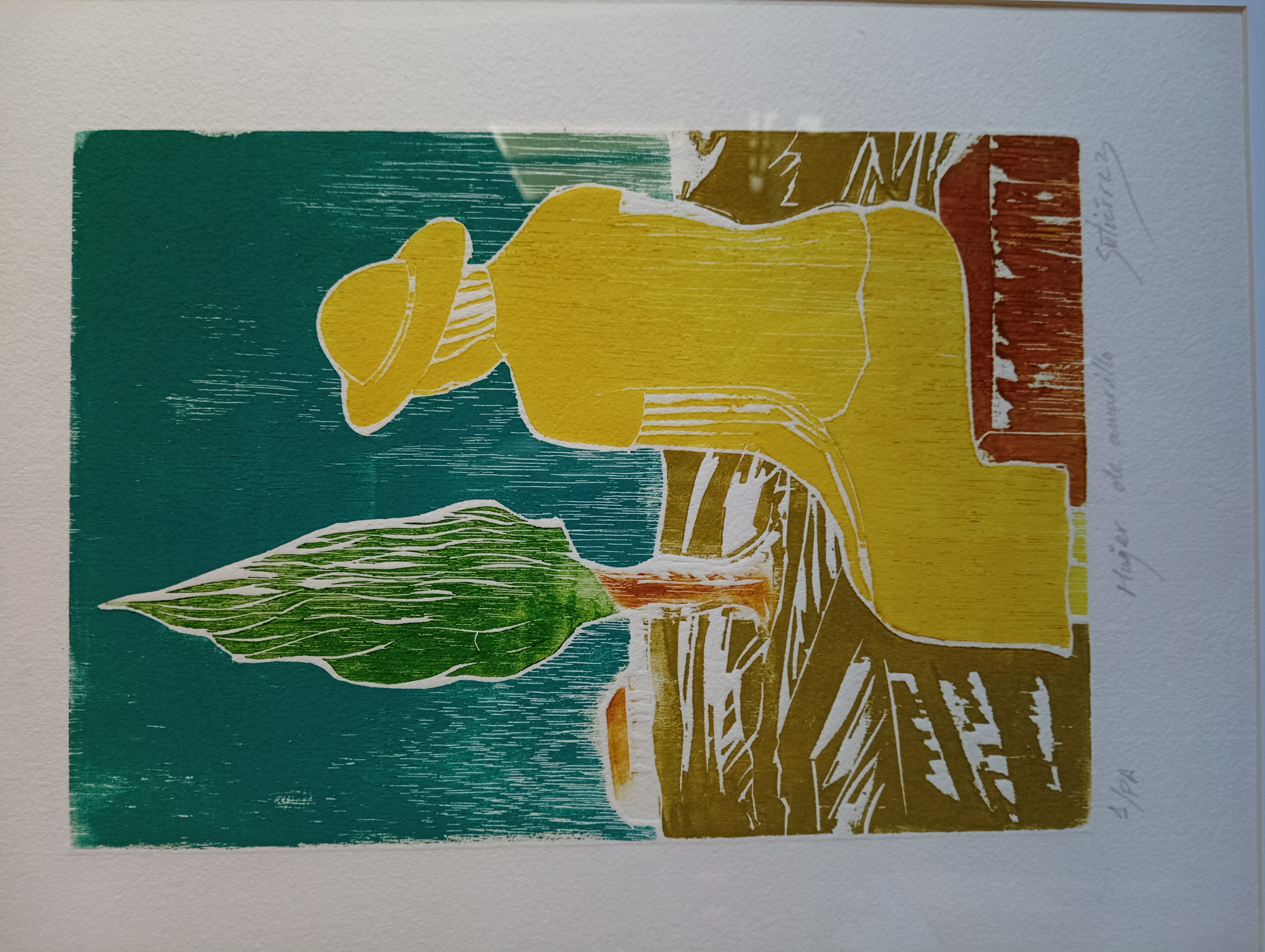 Mujer de amarillo sentada Xilografía Juan Manuel Gutiérrez